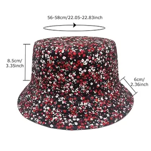 Floral bucket hat size guide showing 56-58cm head circumference and 8.5cm height