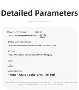 Detailed specifications for MDF pet paw print memorial photo frame with ink pad accessory