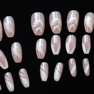 Dreamy white marble swirl press-on nails with silver glitter in coffin shape 24pcs