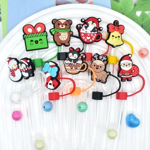 Christmas 10mm straw cover set with rubber cartoon figures on white plate