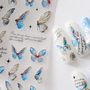 3D embossed blue butterfly wing nail art stickers with elegant English text decals