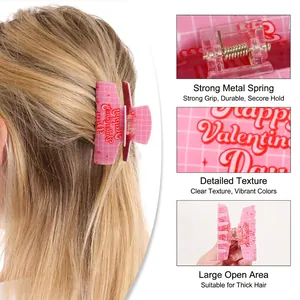 Pink checkered hair claw clip with Happy Valentine's Day print for thick hair