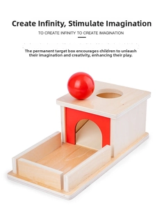 Macro shot of wooden object permanence box with red ball for Montessori sensory training