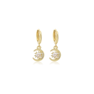 Sparkling crescent moon and sun celestial huggie earrings with gold finish and crystals