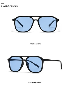 Front and side view of modern retro square double-bridge sunglasses with blue lenses