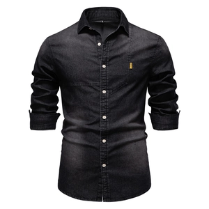 Classic men's washed black denim long sleeve casual shirt with chest pocket
