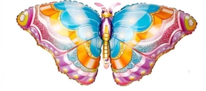 Detailed view of colorful laser butterfly foil balloon with pink and blue gradient pattern