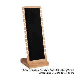 Close-up of a 26cm bamboo vertical necklace stand with 12 slots and black velvet panel