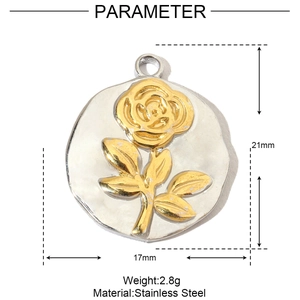 Detailed size parameters of stainless steel rose flower pendant with dimensions and weight