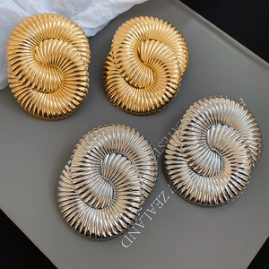 Macro detail of geometric textured metallic stud earrings in gold and silver finish