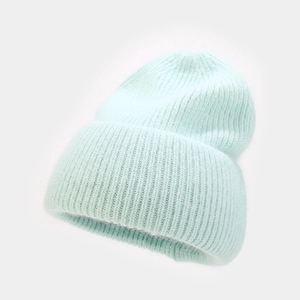 Detail of light blue angora knit beanie showing soft fuzzy texture and ribbed pattern
