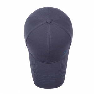 Classic dark grey-blue six-panel baseball cap with subtle letter embroidery on breathable fabric