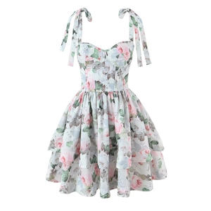 Blumenmuster Minikleid Polyester Baumwolle Herz Ausschnitt Mehrlagiger Stufenrock Rückenloses Schnürdesign Schleifen Träger Lolita