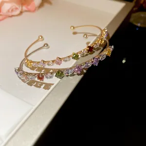 Chic open cuff bracelet with colorful geometric zircons in rose gold and silver finishes