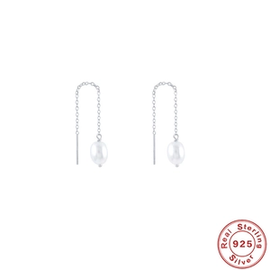 Elegant S925 sterling silver drop earrings with white pearls and long chain tassels