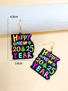 Detailed size view of acrylic 2025 Happy New Year earrings with festive snowflake patterns