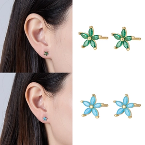 S925 silver flower stud earrings with green and blue marquise zirconia petals