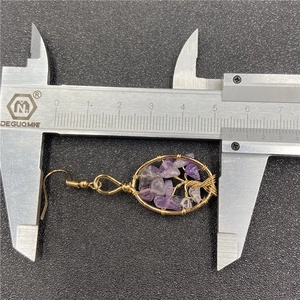 Handmade gold wire tree of life crystal earrings with purple amethyst stones and ruler