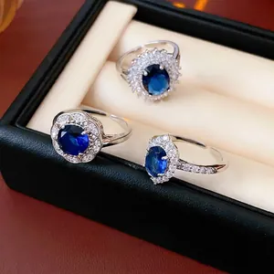 Adjustable Open Ring Copper Blue Zircon Flower Rhombus Hollow Elegant Light Luxury Vintage Jewelry For Women Gift