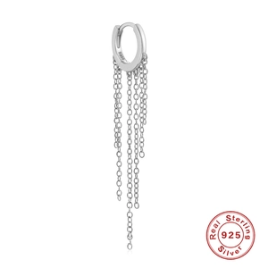 Classic S925 sterling silver hoop earrings featuring hanging tassel chains on white background