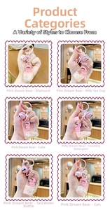 Detailed view of six pink Dream Bear liquid quicksand charms in various cute bottle shapes