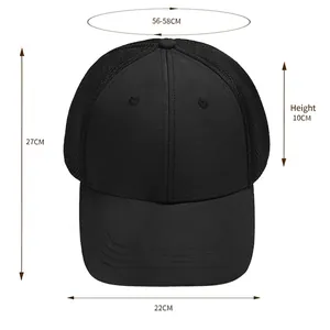 Unisex black breathable mesh baseball cap with size specs 56-58cm for outdoor sun protection