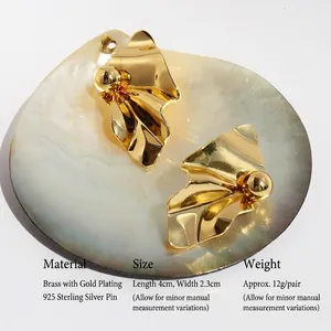 Minimalist organic leaf-shaped gold brass earrings with 925 silver needles for women