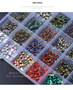 Detail of 24-grid mixed nail art rhinestones with real gold plating on dark background