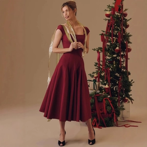 Robe Mi-Longue Élégante Col Carré Dos Nu Laçage Sans Manches Couleur Unie Fête Banquet Polyester Femmes
