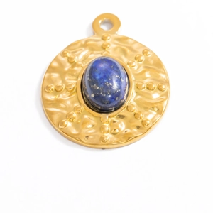 Macro de colgante redondo chapado en oro 18K con incrustación de piedra natural azul