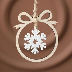 Wooden Christmas ornament featuring a snowflake pendant in a natural ring frame