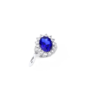 Royal blue sapphire halo engagement ring with silver band and white crystals size 6