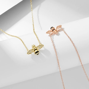 Elegant S925 sterling silver bee pendant necklace with crystals in gold and rose gold