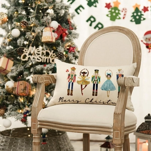 Close-up of Christmas linen lumbar pillow on wooden chair in festive holiday scene
