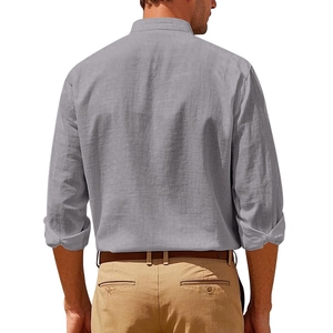 Close-up of men's casual linen shirt back detail showing grey slub texture and rolled sleeves