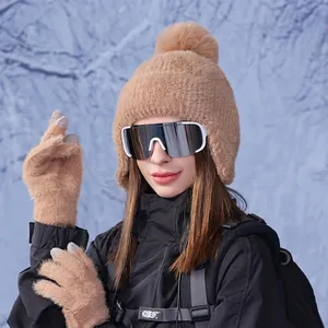 Winter thermal knit beanie and glove set for women in camel plush for outdoor protection