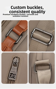 Detail of durable grey metal hardware, D-ring buckle and zipper on khaki oxford bag