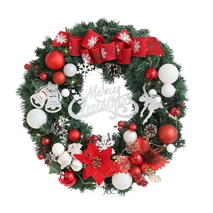 Couronne de Noël verte avec fleurs de velours rouges, LED et signe Merry Christmas