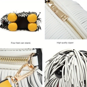 Detail view of dog-shaped fringe handbag showing standing feet and high quality zipper