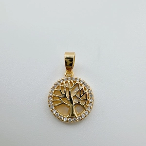 Detailed close-up of 18k gold-plated Tree of Life pendant with shell and zircon inlay