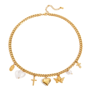 18K gold plated stainless steel necklace with pearl cross and heart pendants charms
