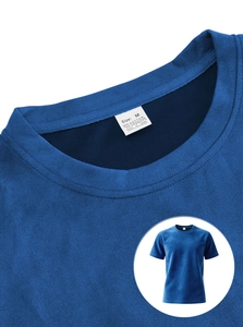 Detail of the crew neck collar and fabric texture of the blue cotton blend sports set