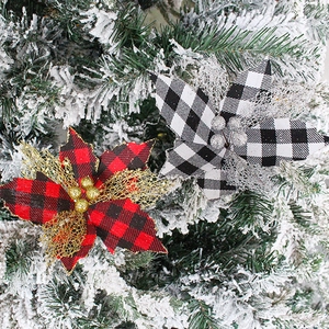 Artificial Christmas Flowers Plaid Fabric Glitter Mesh Poinsettia Ornament For Tree Wreath Festive Party Decor