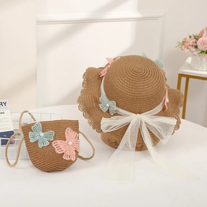 Children's woven straw sun hat and crossbody bag set with butterfly lace and bows