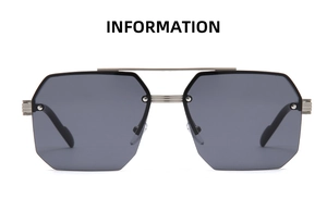 Detailed view of silver double-bridge frame and grey octagonal lenses on sunglasses