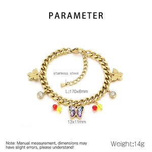 Detail of gold stainless steel bracelet with butterfly pendants and colorful beads