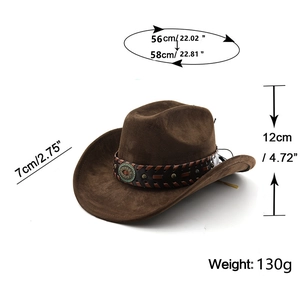 Detailed size chart of dark brown suede cowboy hat with turquoise metal buckle