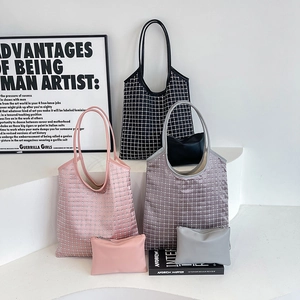 Rhinestone Geometric Tote Bag And Pouch Fashion Large Capacity PU Leather Handbag Sparkly Women Chic Daily Commuter Trendy Bag