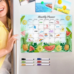 Magnetic acrylic monthly planner on fridge with tropical fruits and 6 colorful markers