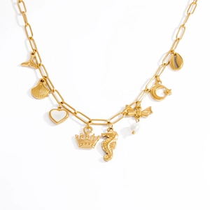 18K gold plated stainless steel paperclip necklace with shell and seahorse charms